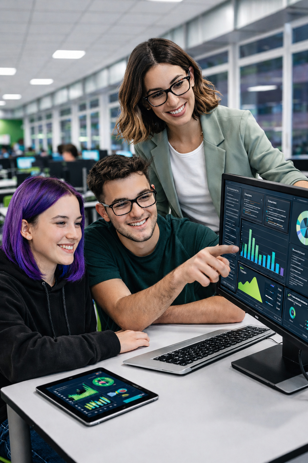 Alumnos trabajando con portátiles y robótica en un laboratorio tecnológico