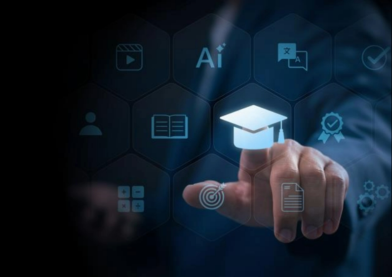 Mano usando interfaz digital de IA y formación